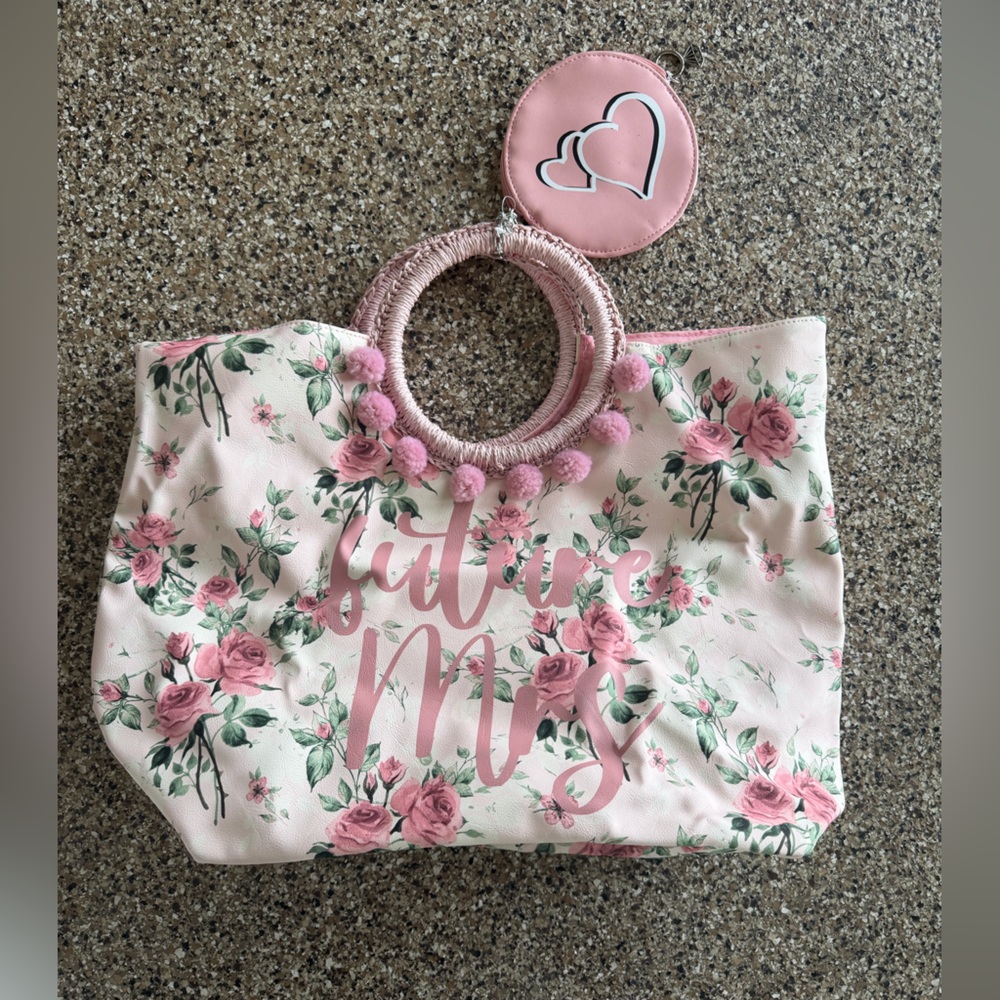 Future Mrs 🩷 Pink Floral Tote Bag with Pom Handle